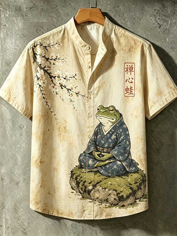 Men's Zen Frog Print Shirt - Meditating Frog & Sakura Short Sleeve Stand Collar Top