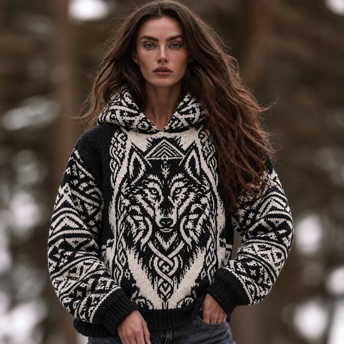 Women's Norse Celtic Knot And Wolf Motif Hoodie