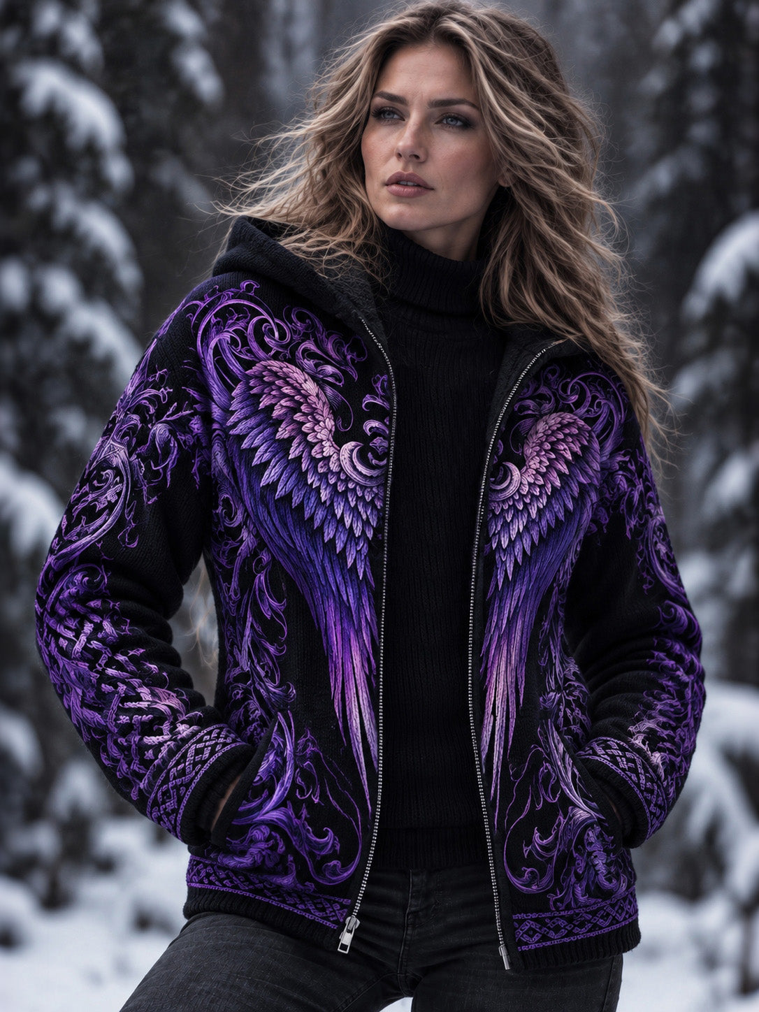 Women's Vintage Viking Wings Knit Casual Hoodie Sweater