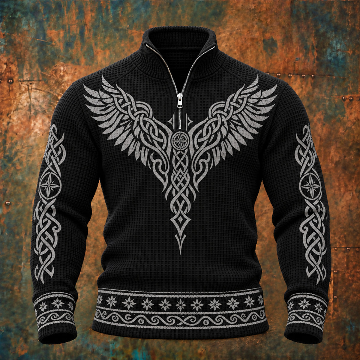 Men’s Vintage Viking Celtic Knot And Wings Print Long-sleeve Waffle-knit Sweatshirt