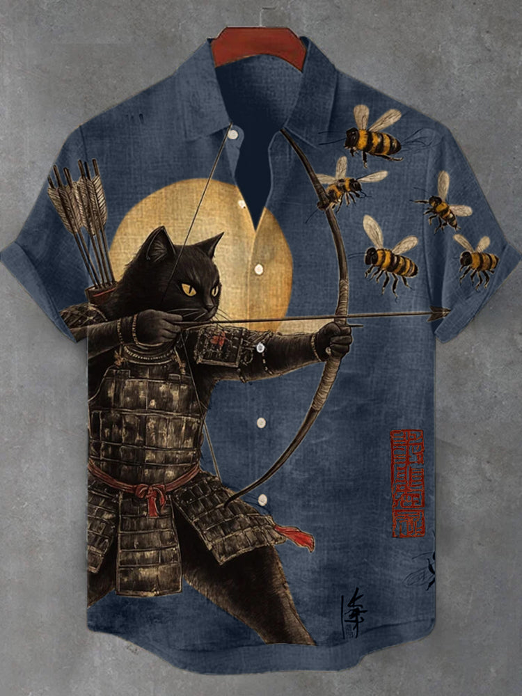 Men's Black Cat Tribal Warrior Japanese Kyudo Print Short Sleeve Shirt