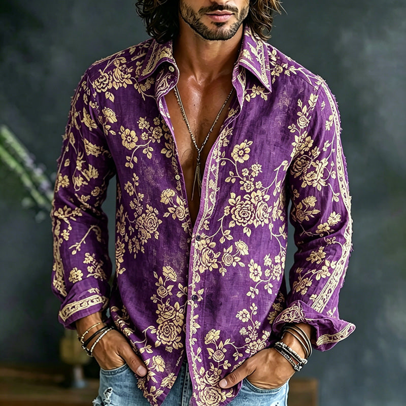 Men's Spring Summer Colorful Floral Printed Art Print Flowy Linen Blend Shirt