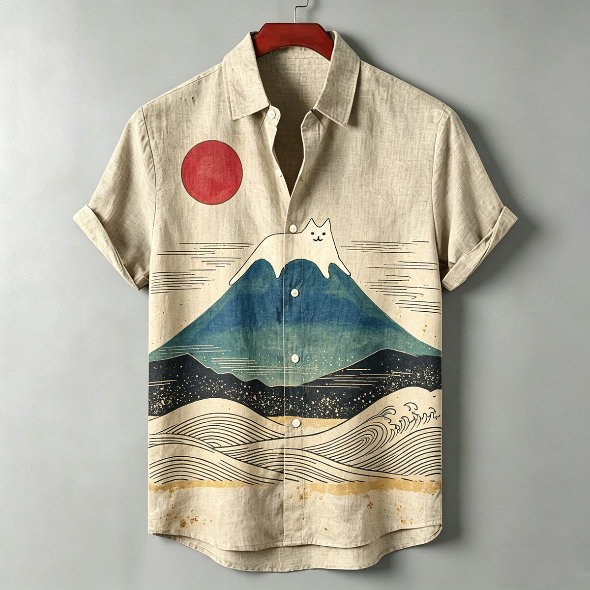 Retro Japanese Ukiyo-e Mount Fuji White Cat Wave Print Casual Summer Linen Short-sleeve Shirt