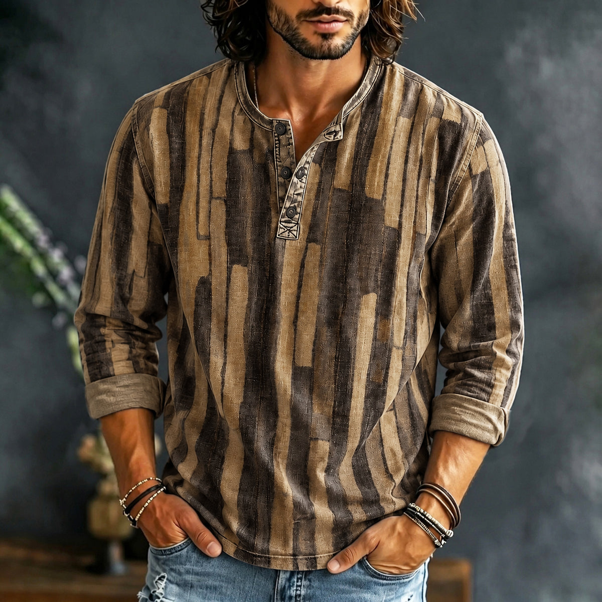 Men's Casual Contrast Geometric Color Block Henley Neck T-shirt