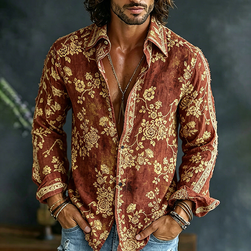 Men's Spring Summer Colorful Floral Printed Art Print Flowy Linen Blend Shirt