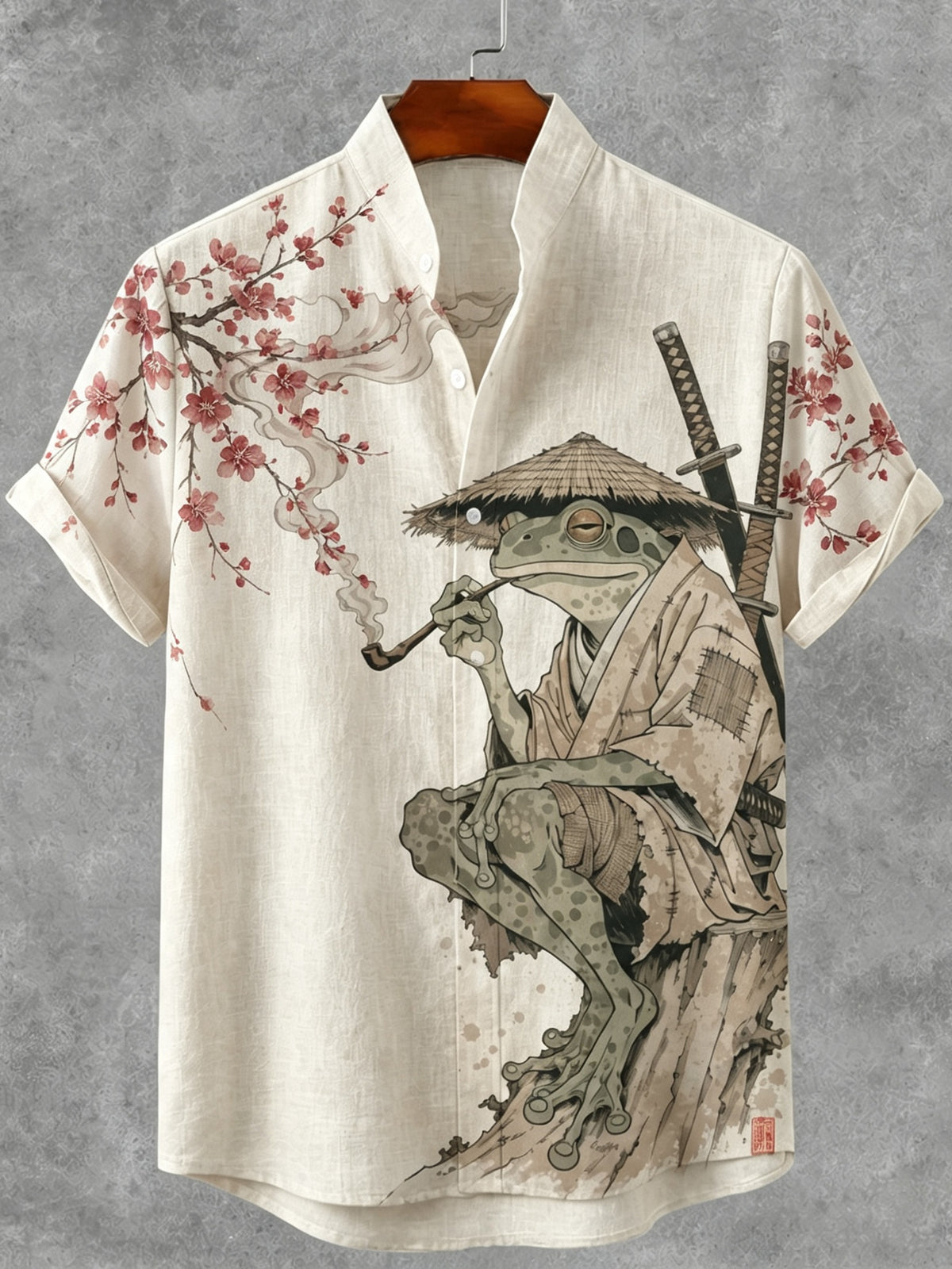 Men's Vintage Japanese Frog Art Print Casual Linen Shirt