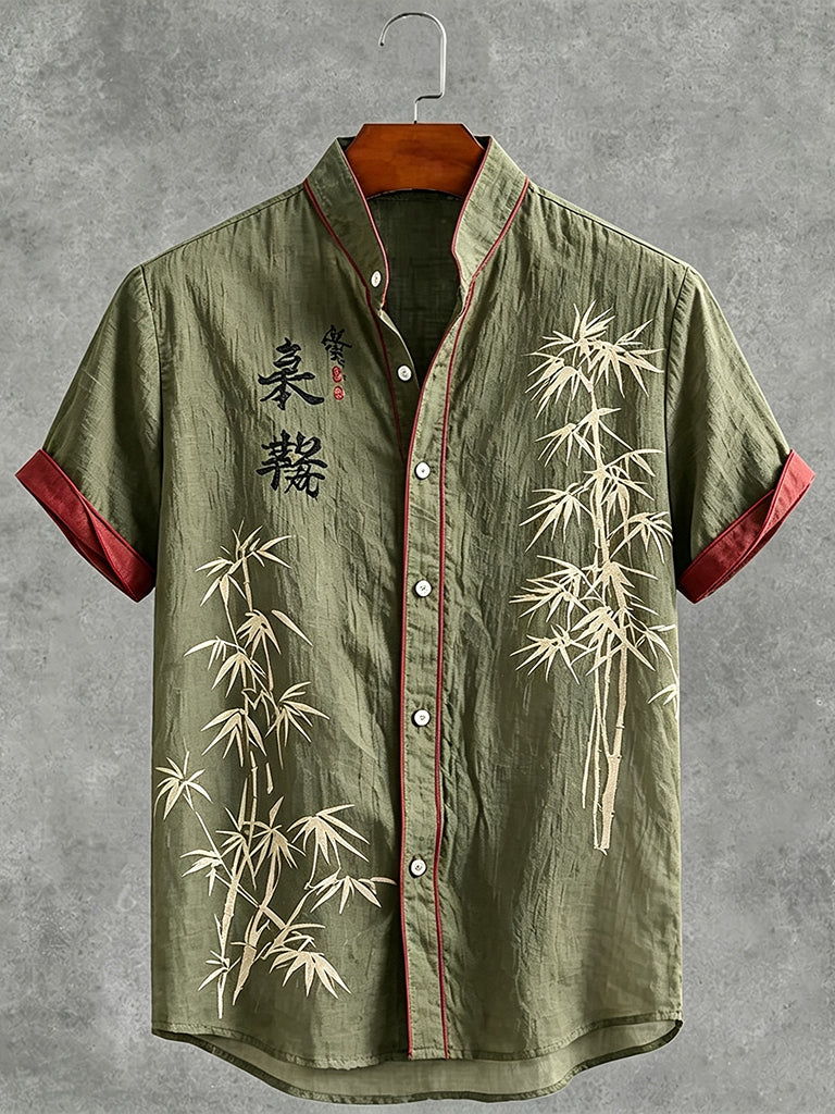 Men's Japanese Bamboo And Calligraphy Pattern Casual Linen Shirt