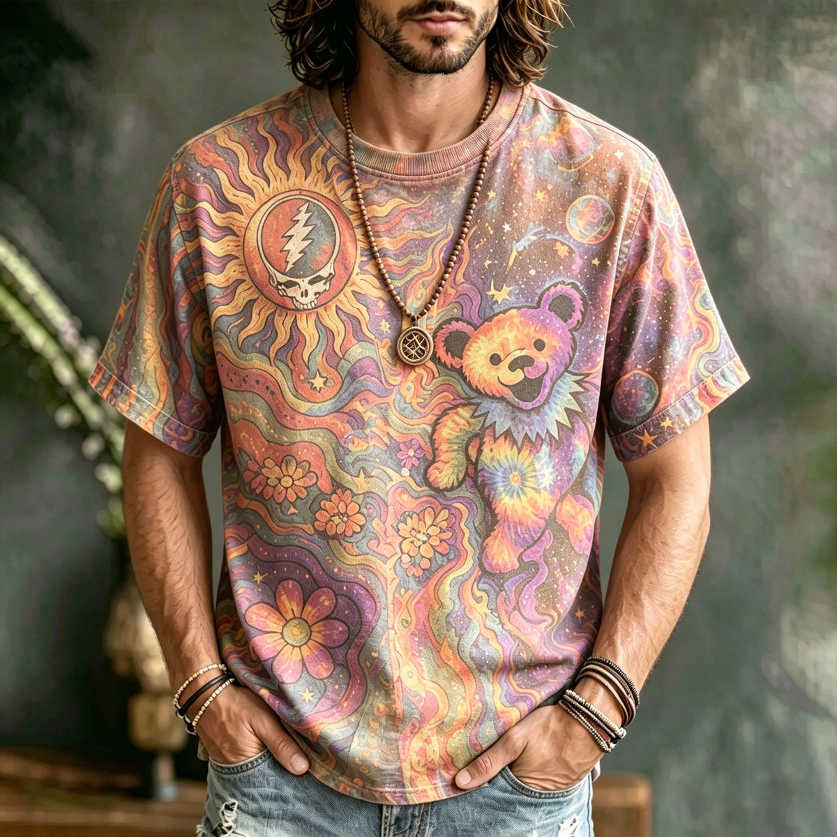Retro Hippie Style, Washed Grateful Dead Dancing Bear Psychedelic Galaxy Sun Skull Floral Short-sleeved T-shirt