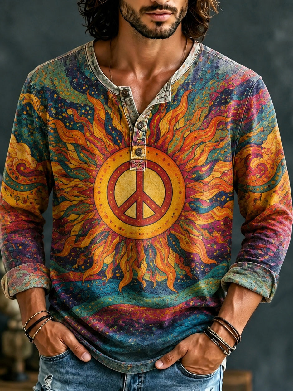 Men's Hippie Peace Sun Print Henley Neck T-shirt