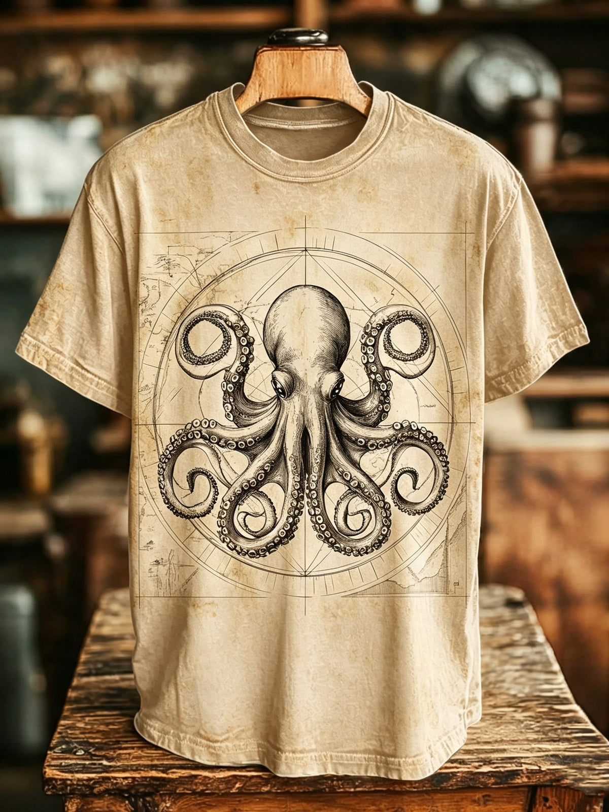 Men's Retro Japanese Octopus Art Pattern Casual T-shirt