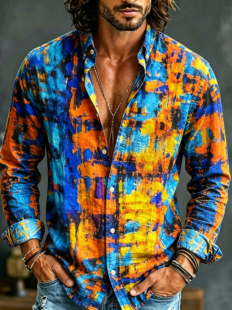 Men's Retro Hippie Color Block Exclusive Linen Long-sleeve Shirt