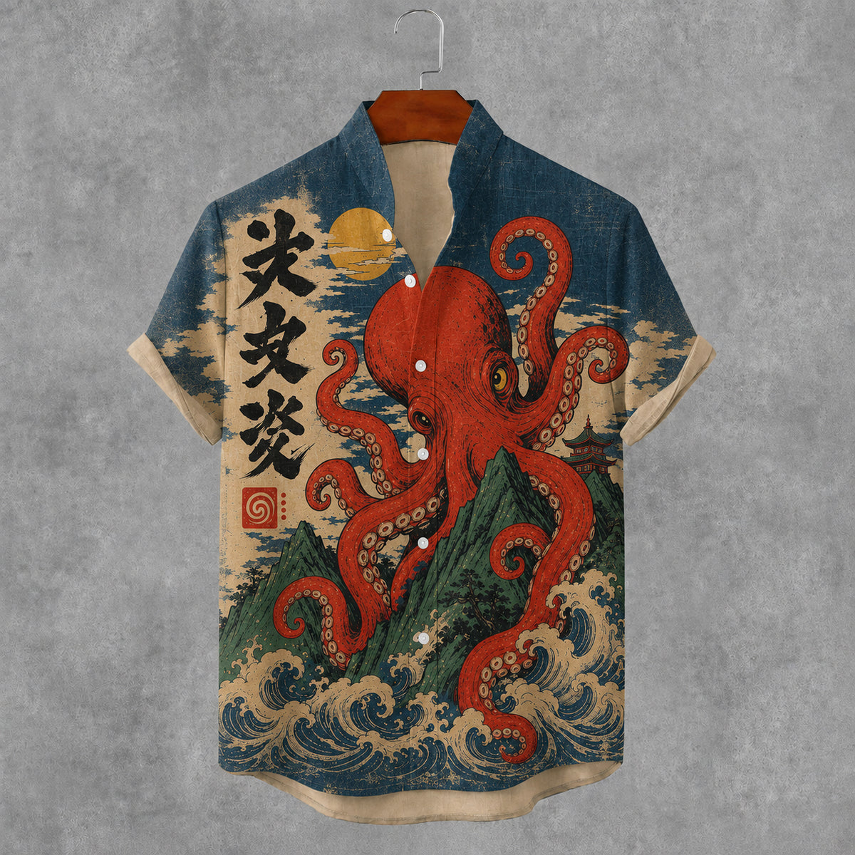 Men's Vintage Japanese Octopus Art Print Short Sleeve Casual Shirt