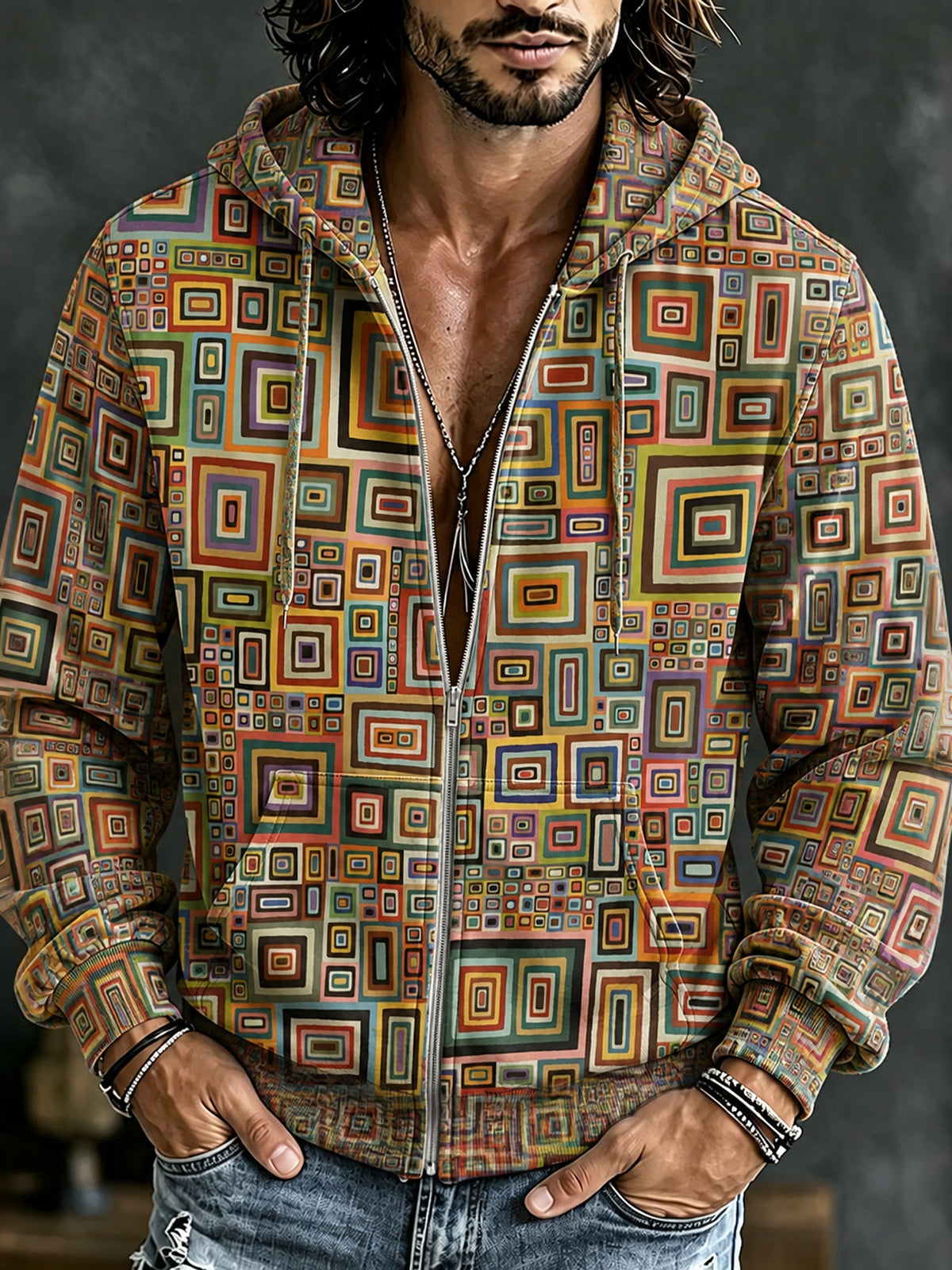Men's Retro Hippie Geometry Art Print Casual Zip Up Hoodie