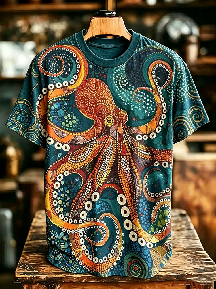 Men's Retro Japanese Art Octopus Print Short-sleeve T-shirt