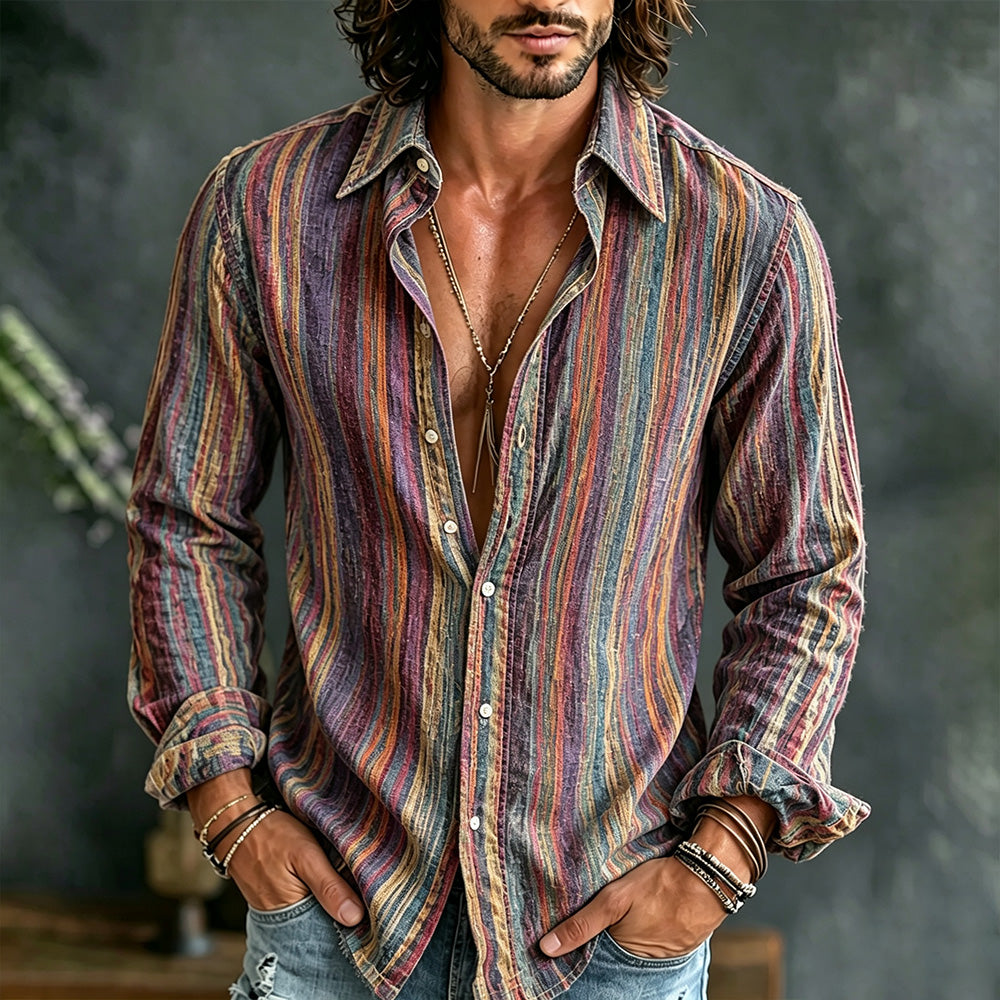 Men's Vintage Colorful Striped Art Print Casual Long Sleeve Shirt