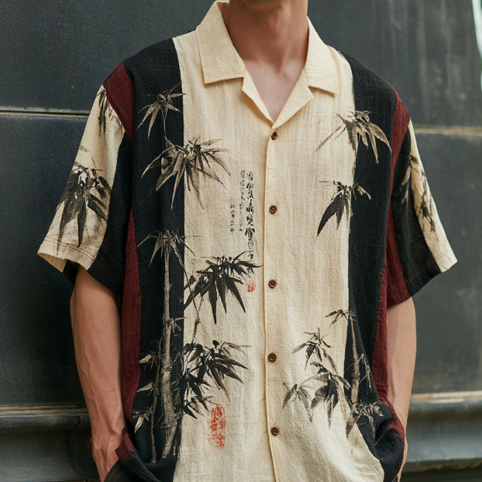 Men's Retro Japanese Style Bamboo Pattern Print Casual Linen Shirt