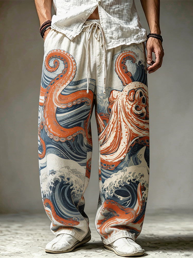 Men's Retro Washed Octopus Wave Ukiyo-e Print Pants
