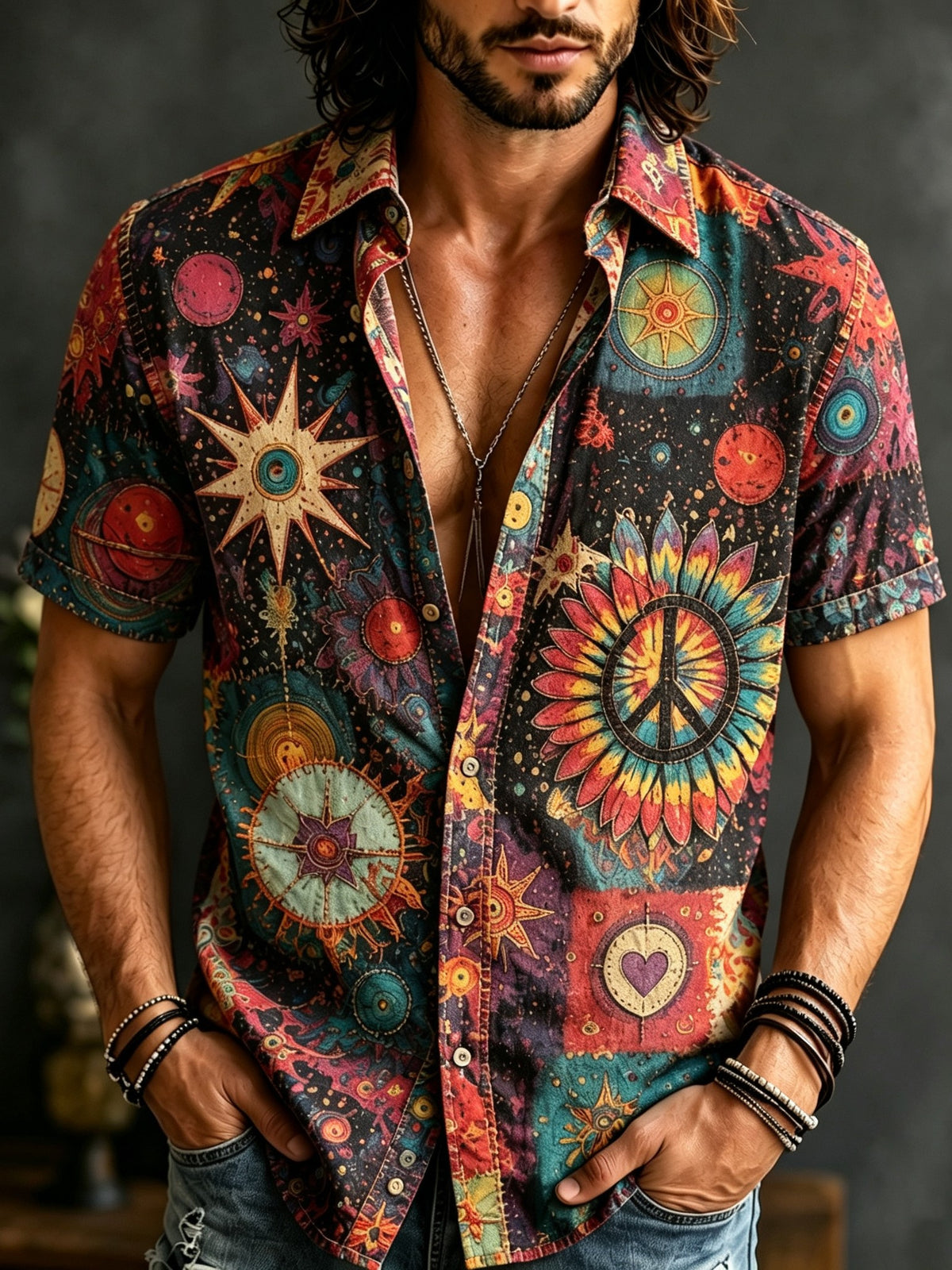 Men's Retro Bohemian Hippie Style Floral Print Linen Short-sleeve Shirt