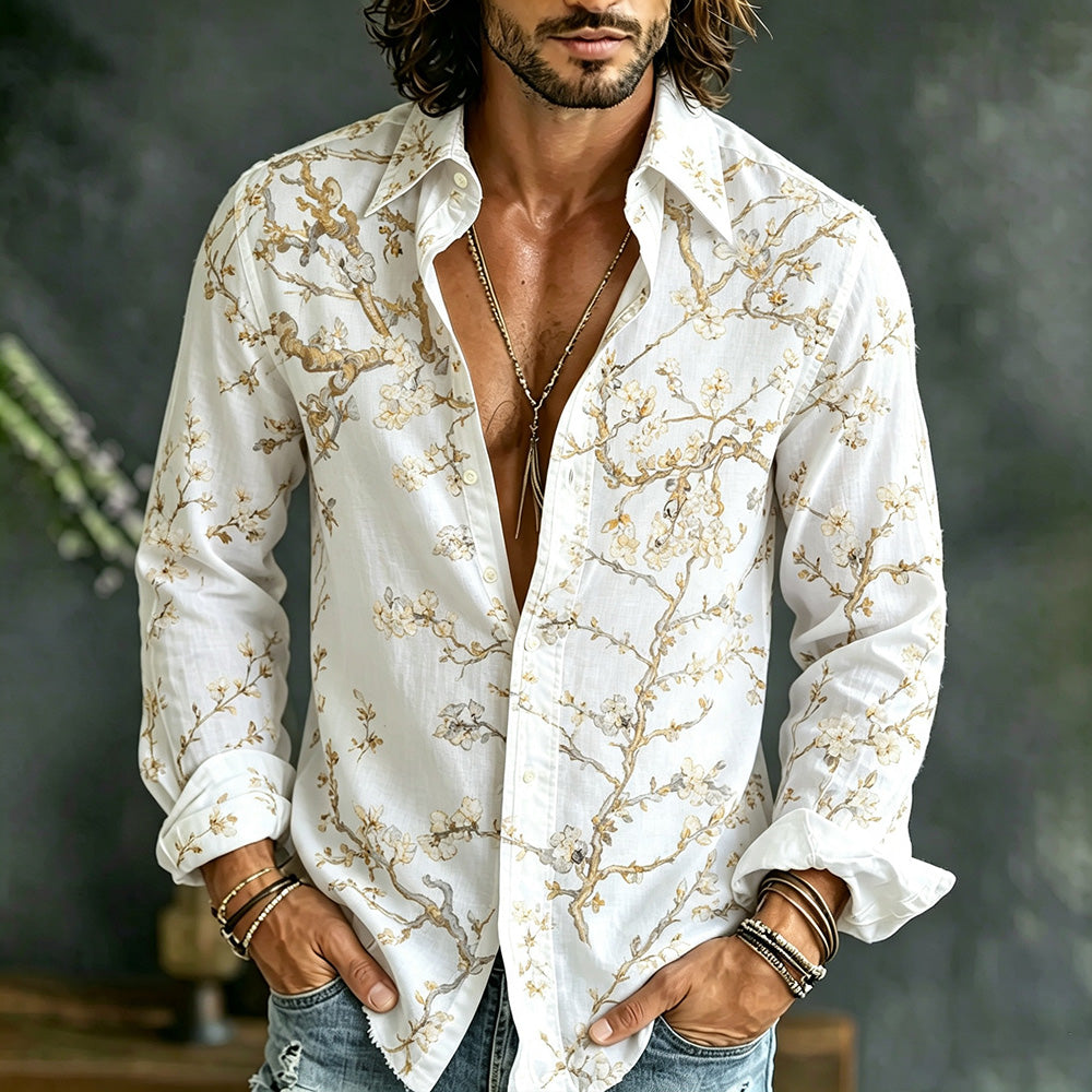 Men's Vintage Cherry Blossom Art Romantic Print Casual Linen Blend Long Sleeve Shirt
