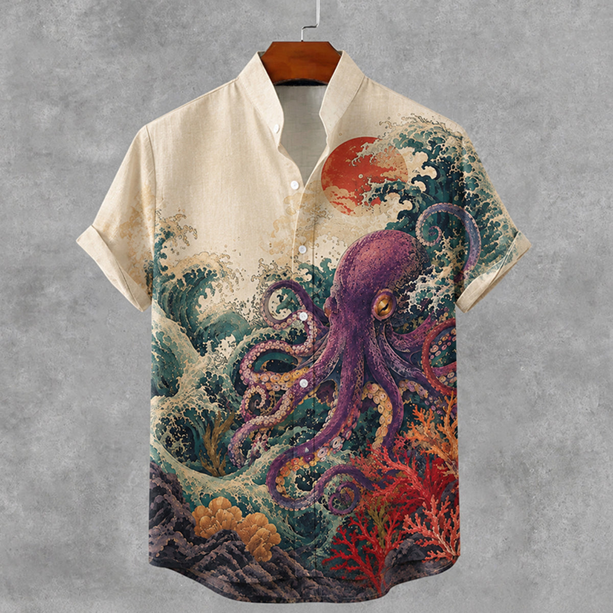 Men's Vintage Japanese Octopus Art Button Casual Linen Shirt