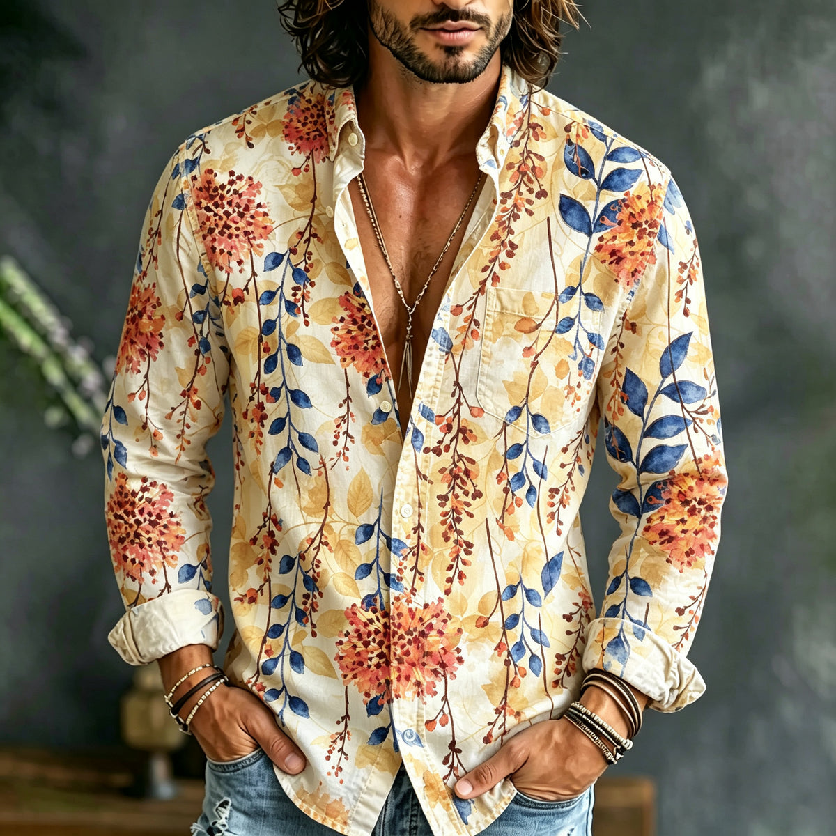 Men's Retro Casual Tie-dye Floral Print Long-sleeve Linen Shirt