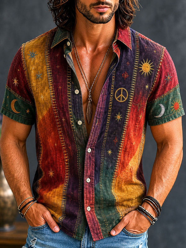 Men's Vintage Patchwork Peace Sign Sun Moon Star Art Print Linen Shirt