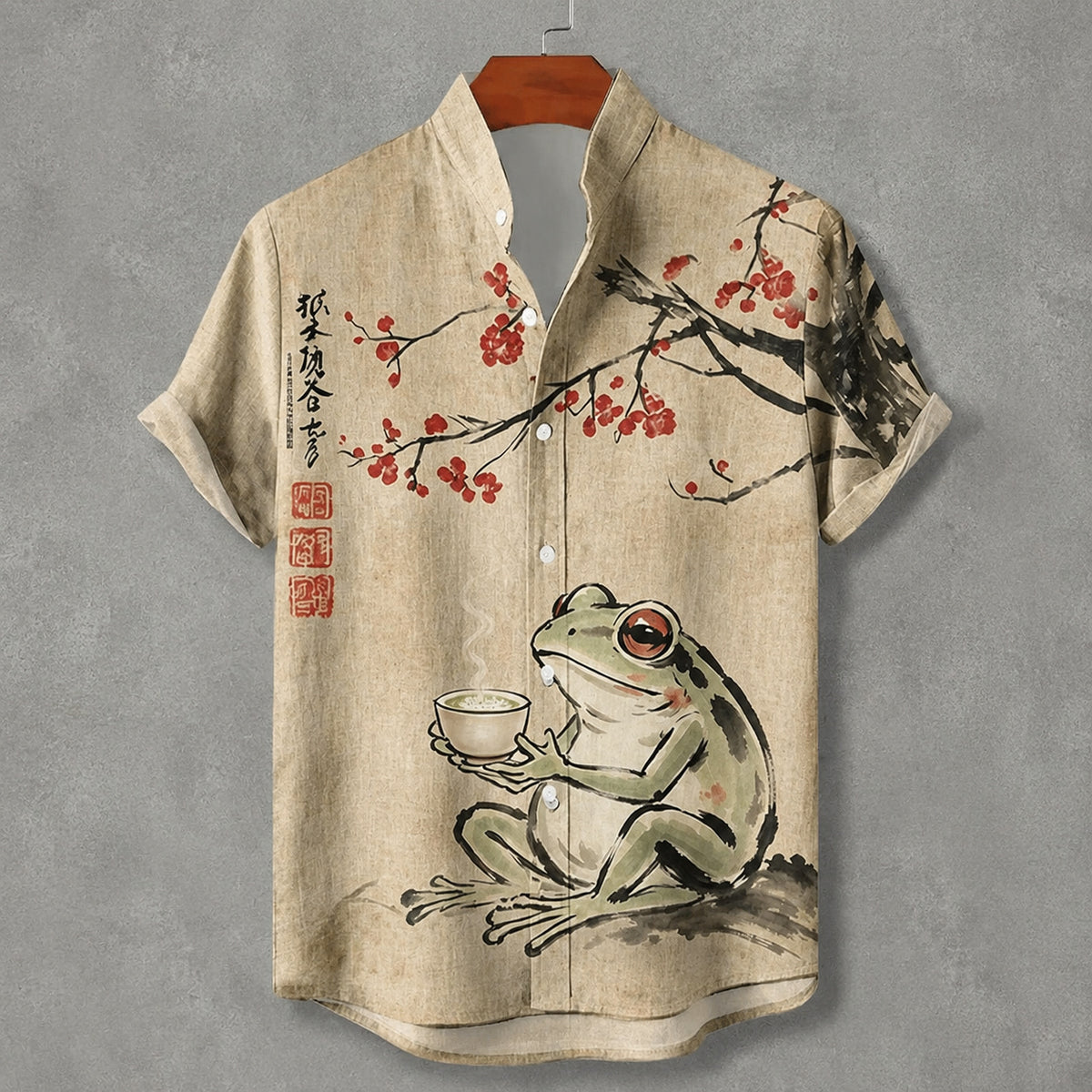 Men's Retro Frog Drinking Tea Under The Cherry Blossoms Pattern Linen Blend Casual Short-sleeve Shirt