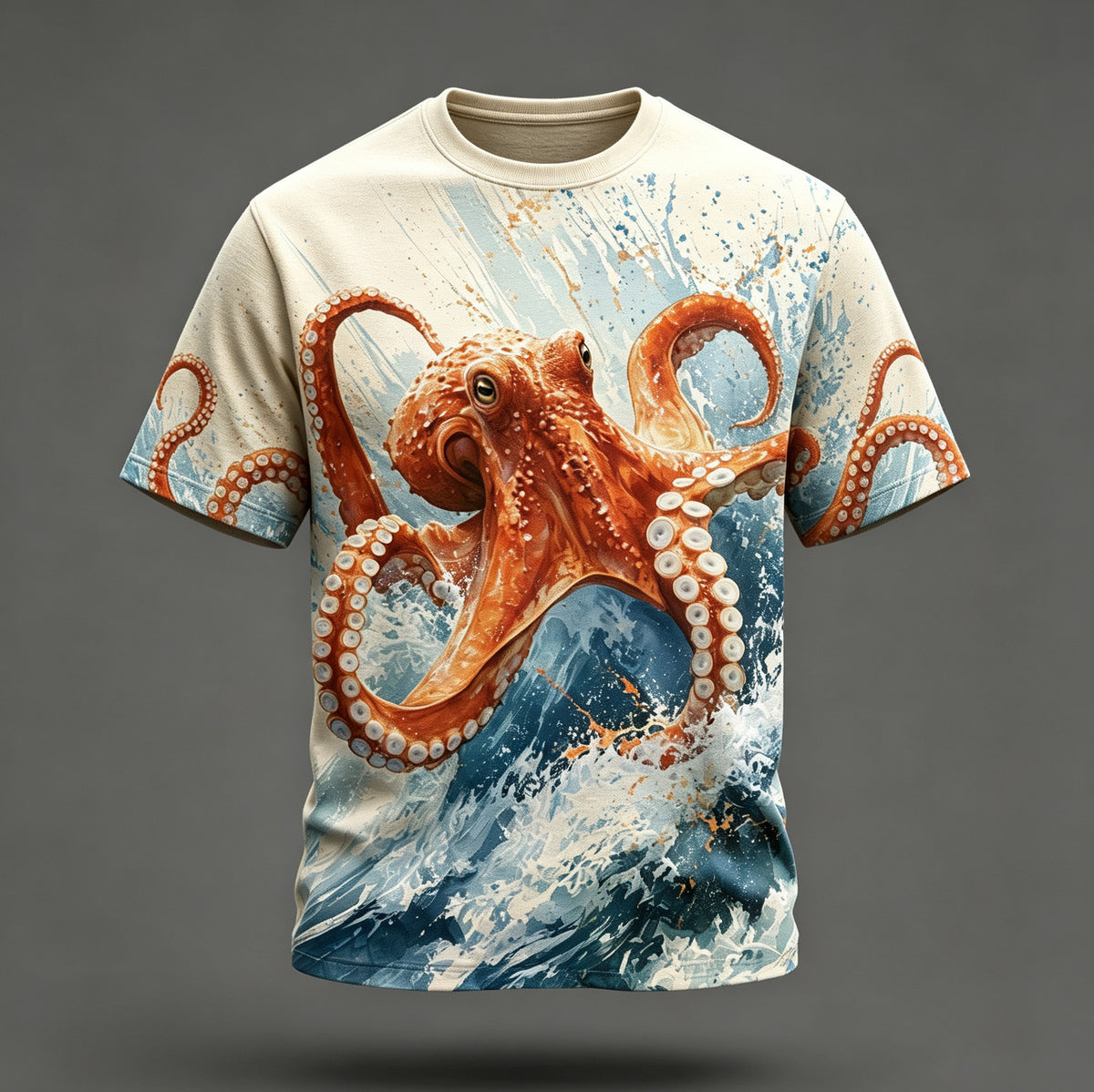 Men's Retro Japanese Octopus Wave Print Casual T-shirt