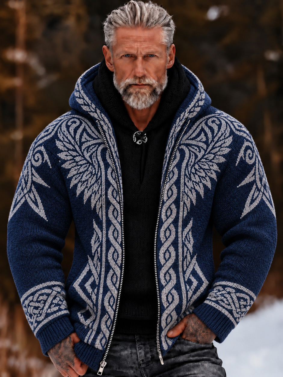 Men's Retro Tribal Viking Pattern Zip-up Cozy Hooded Sweater