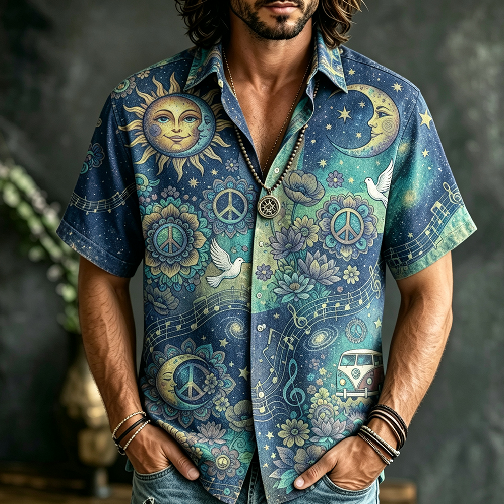Men's Short-sleeve Button-down Shirt With Sun, Moon, Peace Sign, And Floral Psychedelic Print