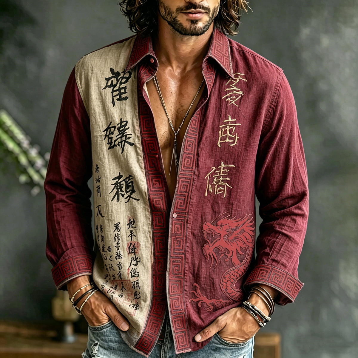 Men's Retro Japanese Calligraphy And Dragon Art Pattern Casual Linen Blend Shirt