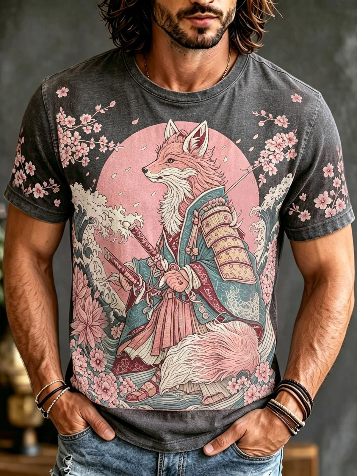 Men's Japanese Ukiyo-e Cherry Blossom And Fox Print Linen Comfortable T-shirt
