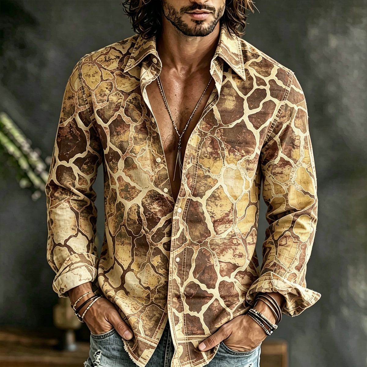 Men's Vintage Geometric Art Gradient Linen Long-sleeved Top