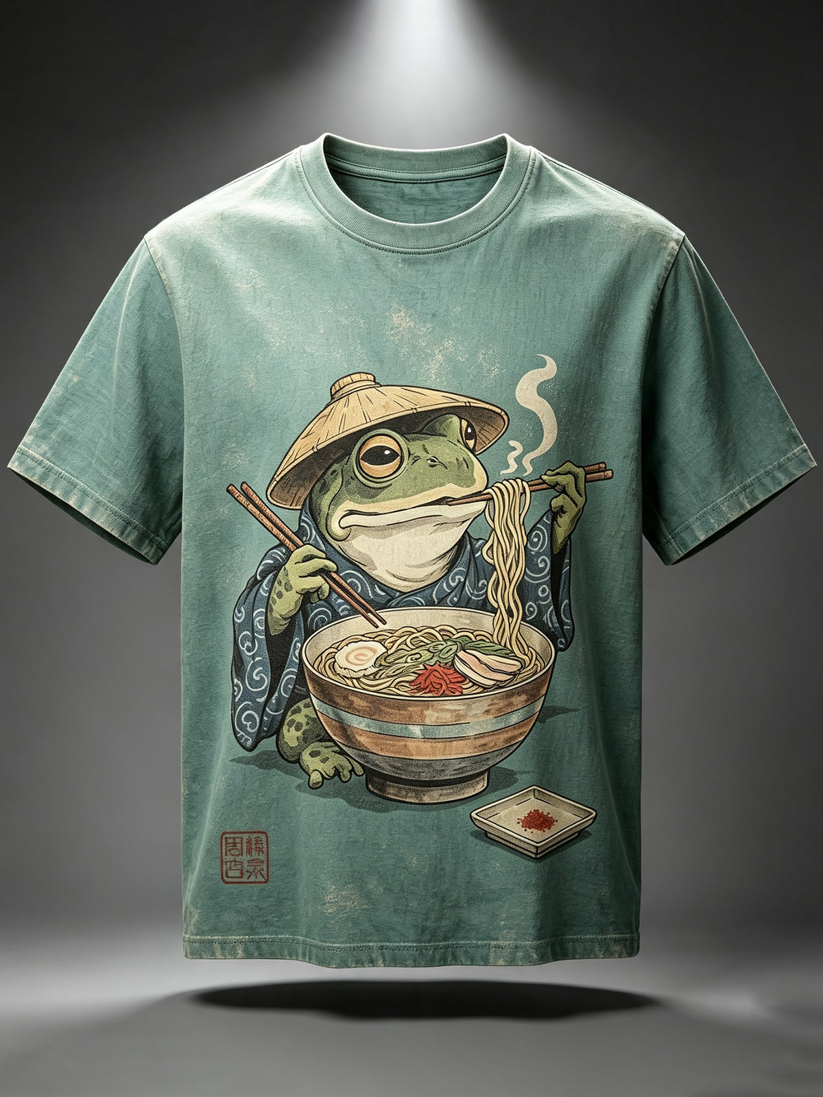 Men's Retro Japanese Zen Frog Feast Eating Ramen Print Crew Neck Short Sleeve T-shirt