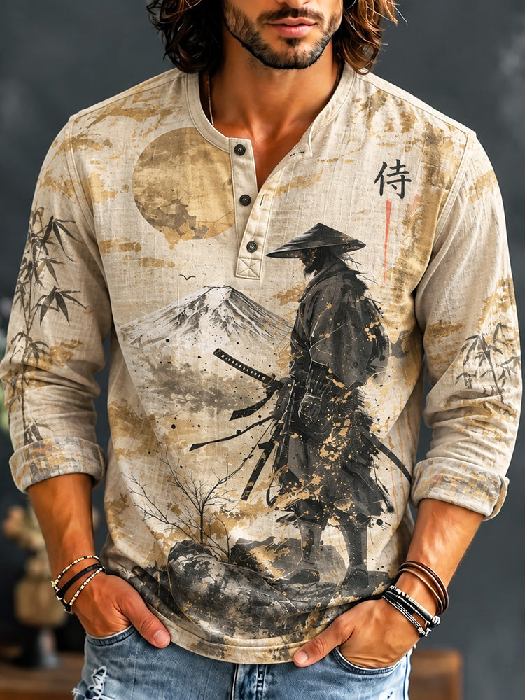 Men's Vintage Samurai Art Print Henley Neck Long Sleeve T-shirt