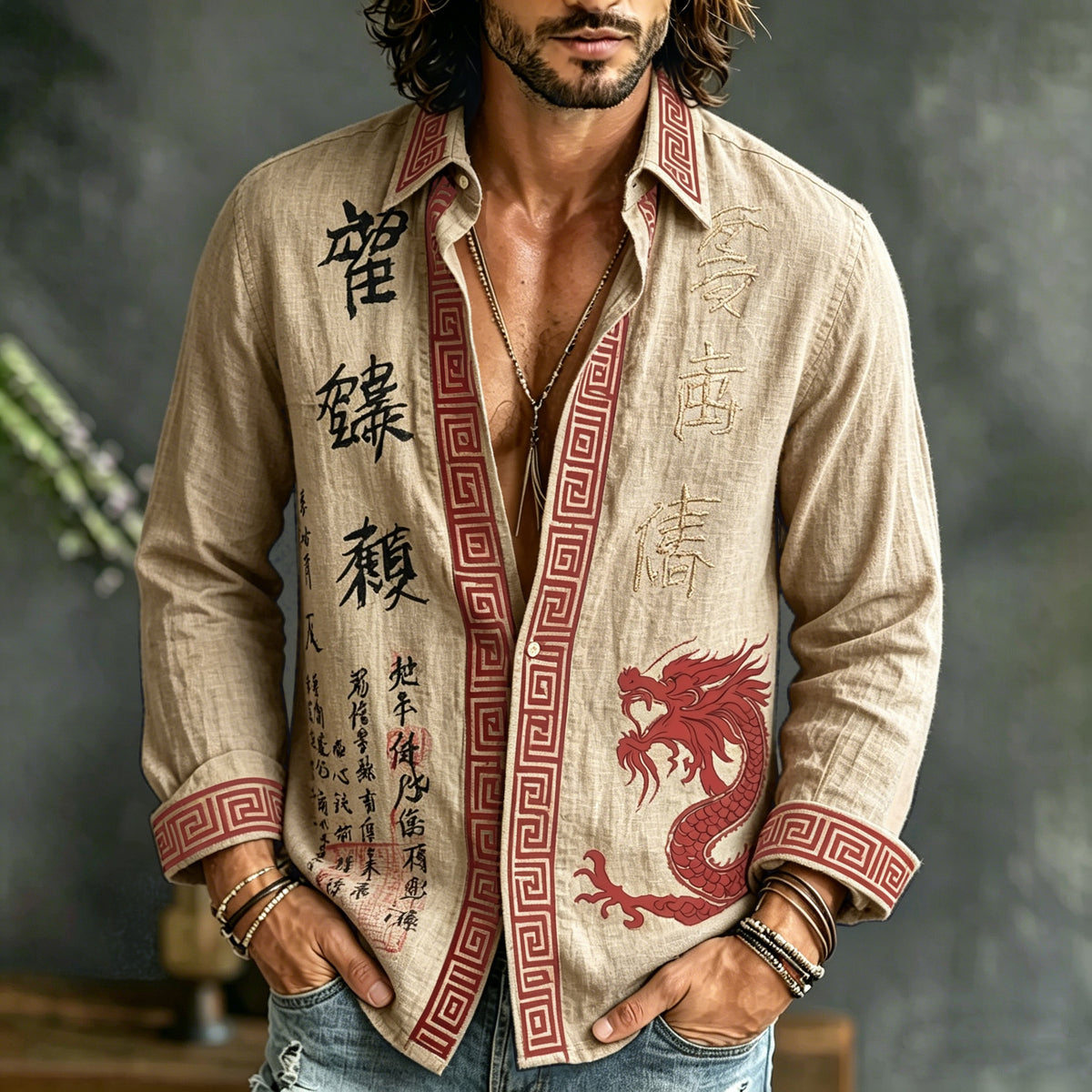 Men's Retro Japanese Calligraphy And Dragon Art Pattern Casual Linen Blend Shirt
