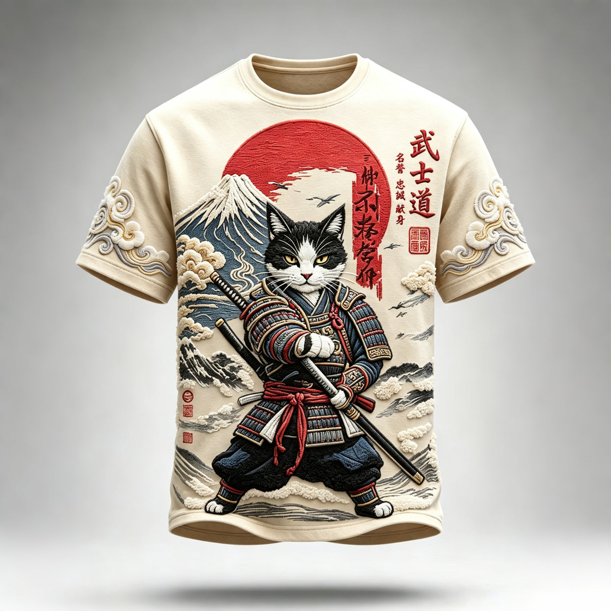 Men's Japanese Art Samurai Cat Print Short-sleeve T-shirt