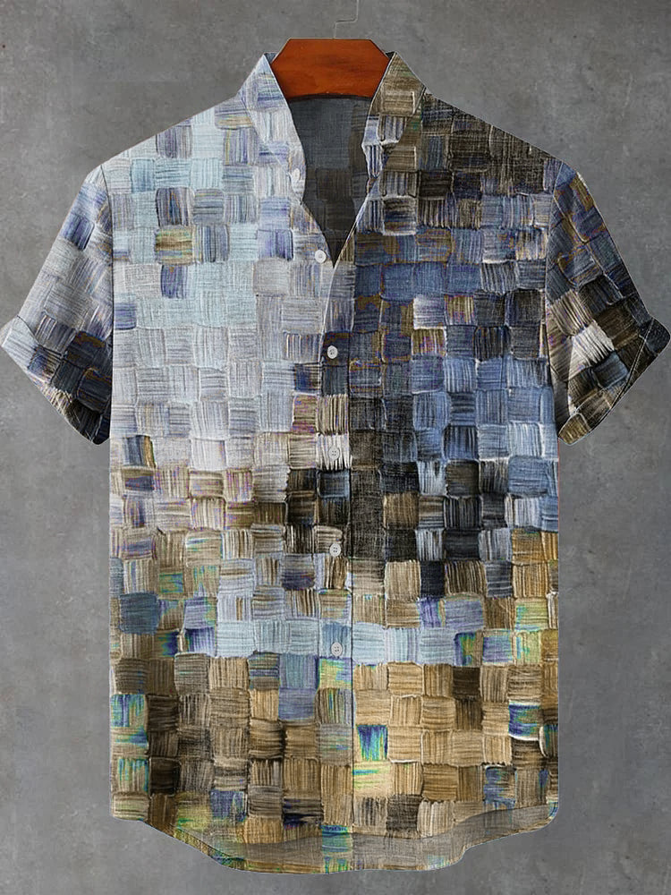 Oil Painting Style Lattice Vintage Art Print Casual Linen Shirt