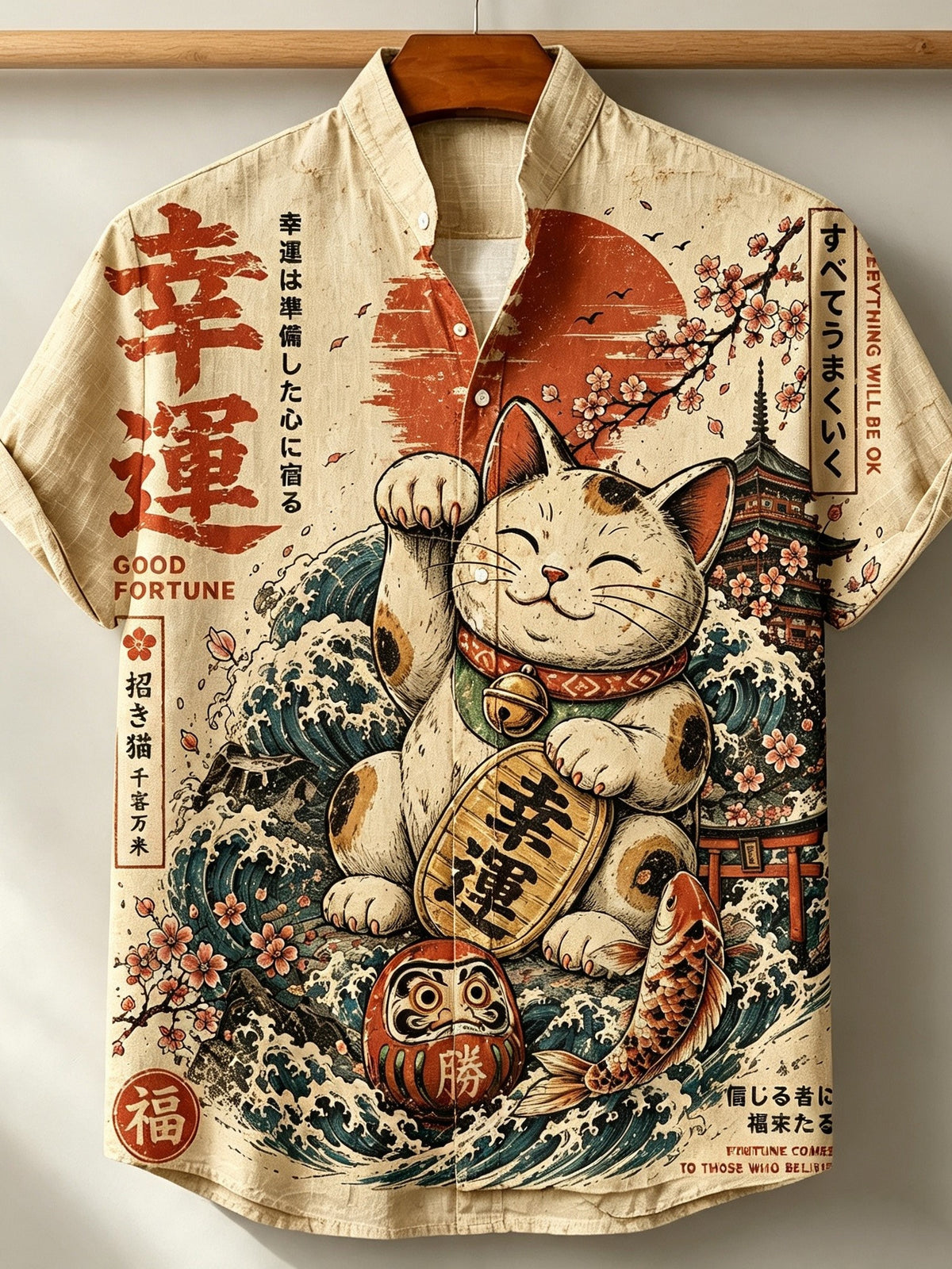Men's Retro Japanese Art Lucky Cat Print Linen Shirt