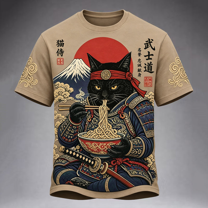Men's Black Cat Samurai Eats Ramen Print Casual T-shirt