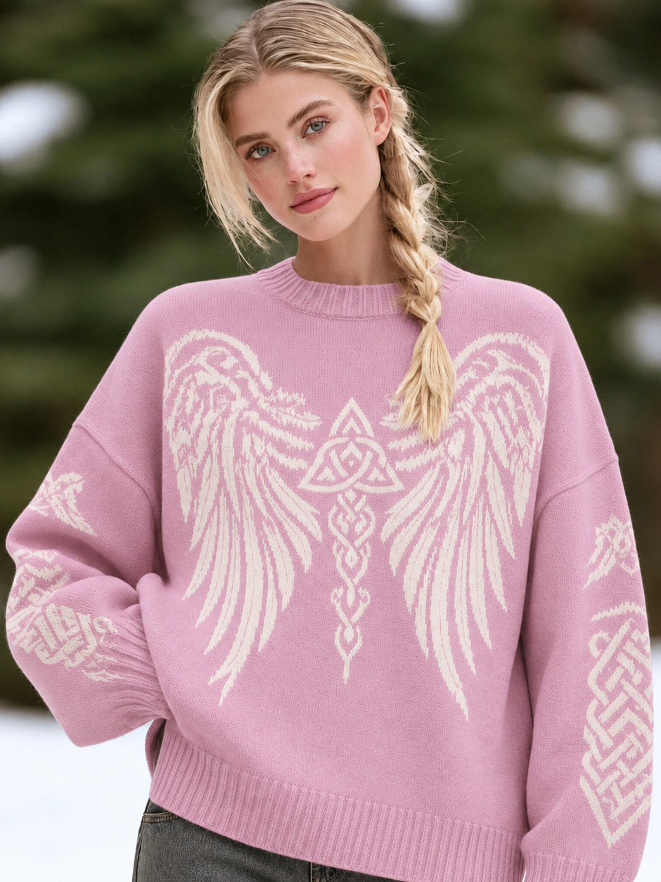 Women's Vintage Viking Celtic Knot Wings And Runes Knitted Sweater