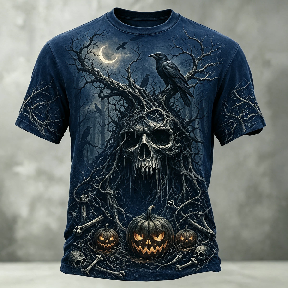 Men's Retro Halloween Skull And Pumpkin Print Casual T-shirt