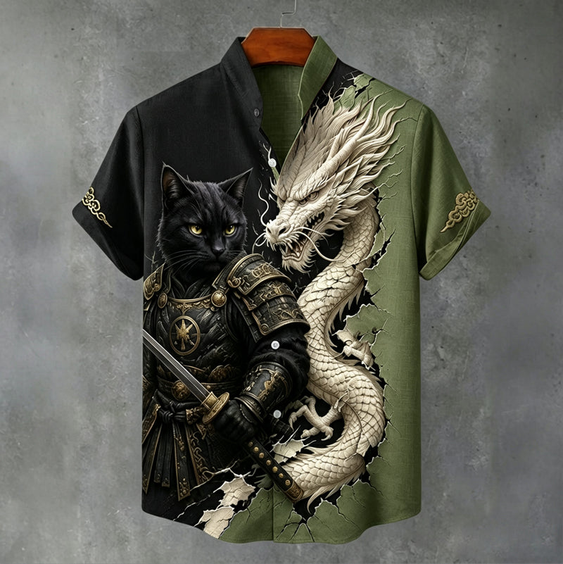 Men's Vintage Black Cat Warrior And White Dragon Japanese Art Printing Flowy Linen Blend Casual Shirt