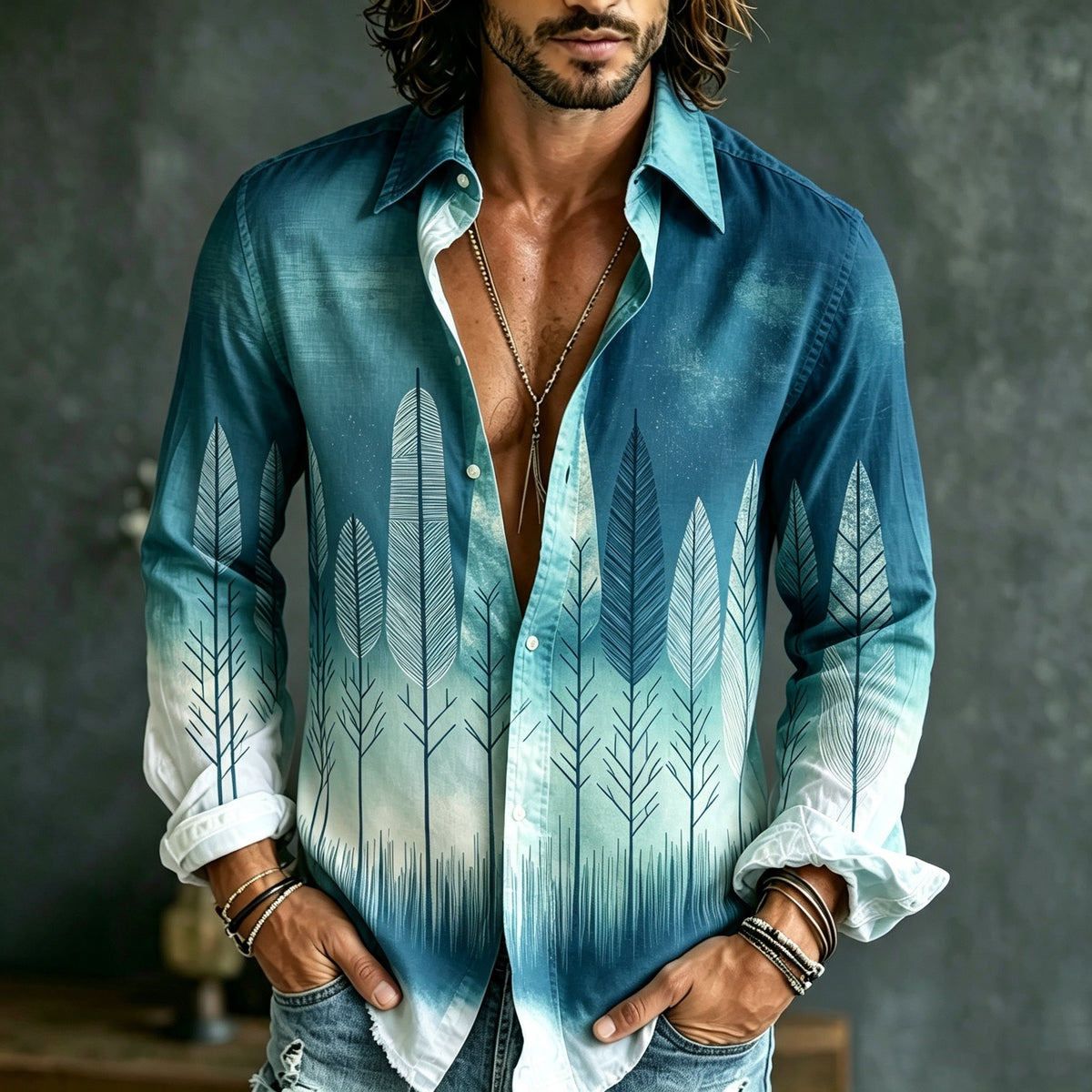Men's Retro Bohemian Japanese Art Print Linen Shirt