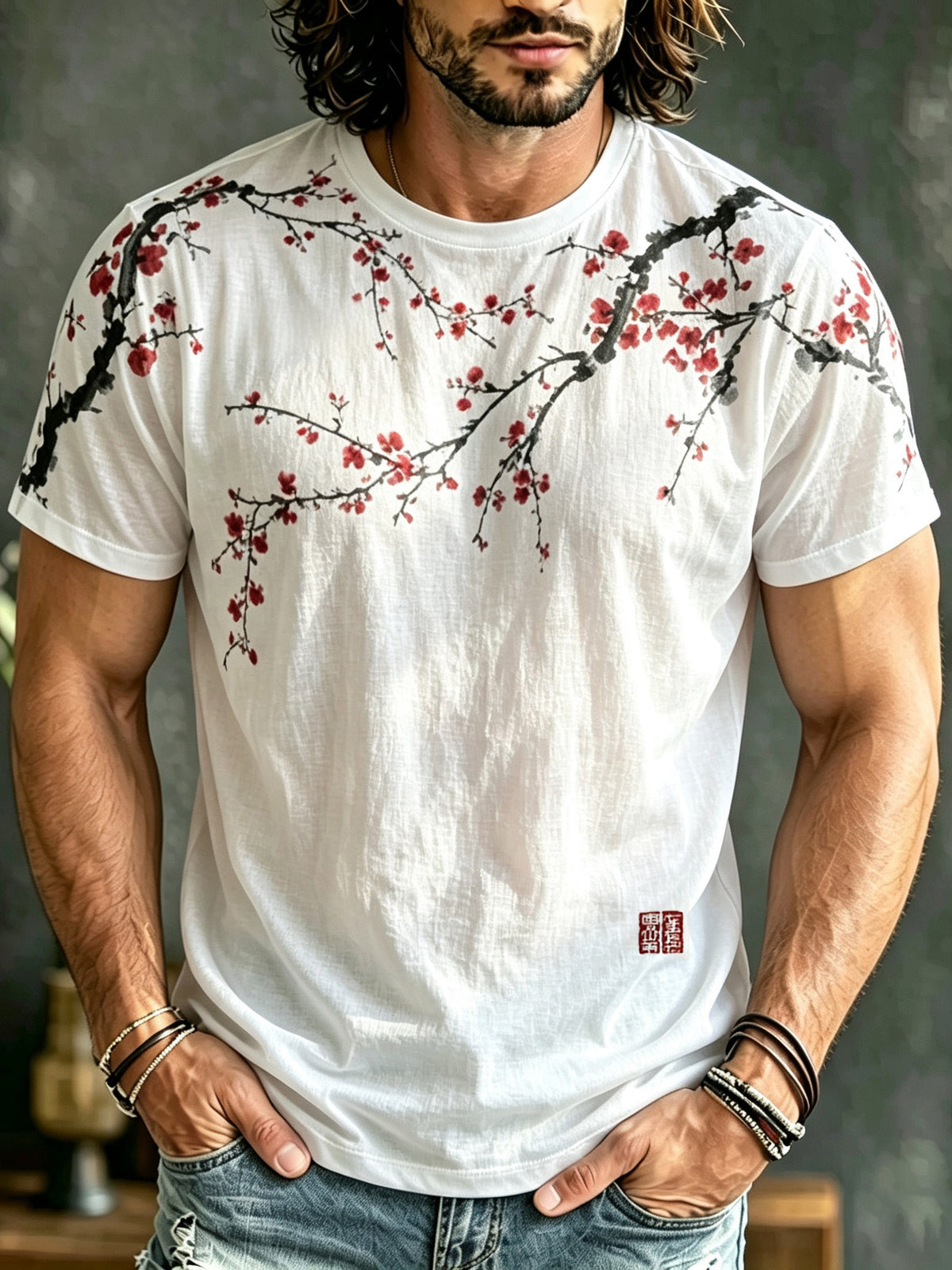Men's Retro Cherry Blossoms Print Casual T-shirts