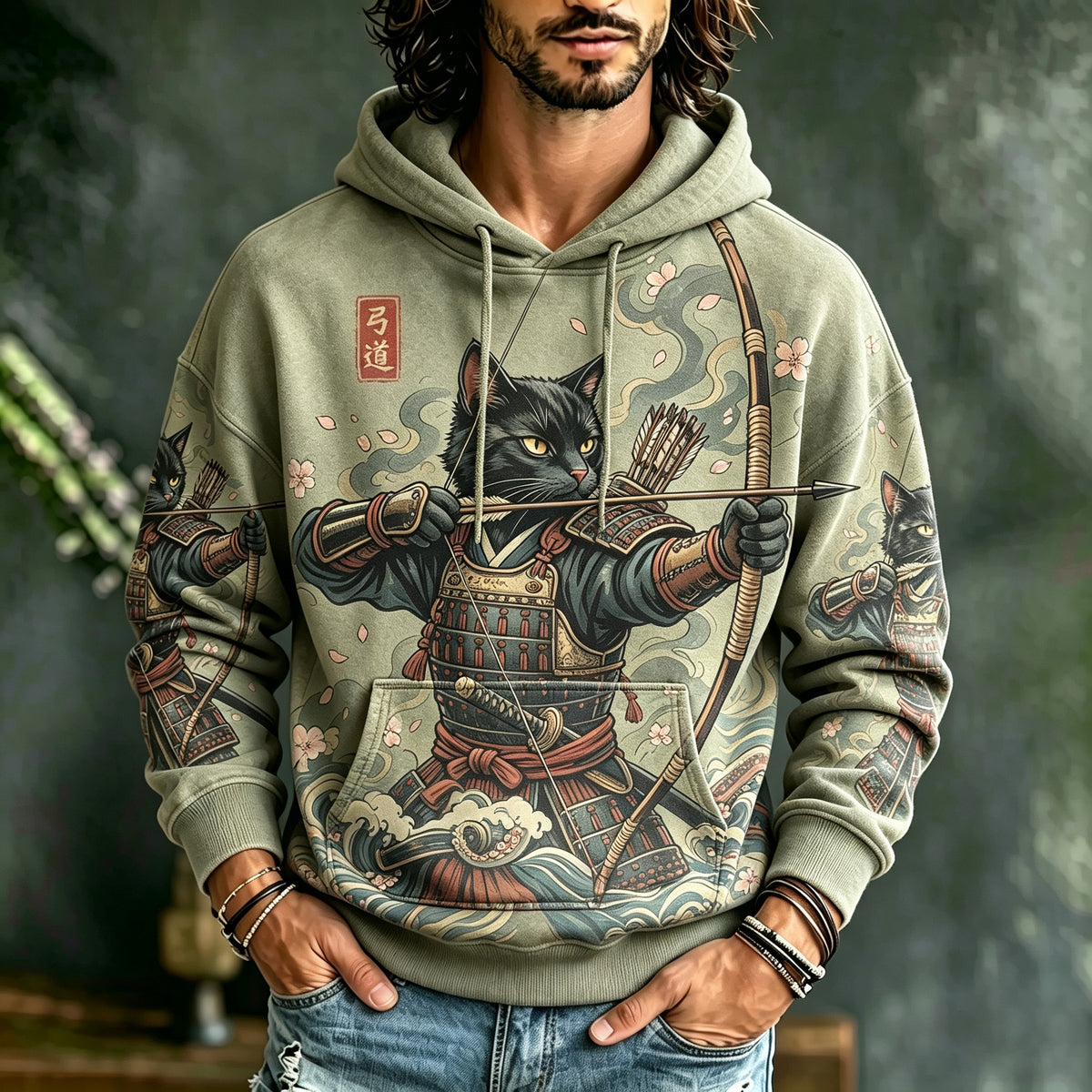 Men's Vintage Japanese Cat Samurai Art Print Hoodie