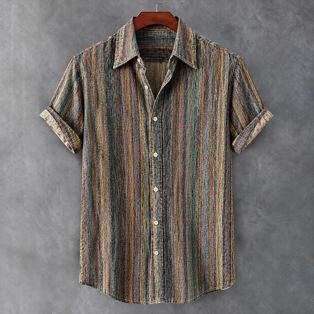 Men's Vintage Colorful Striped Art Print Casual Short Sleeve Shirt