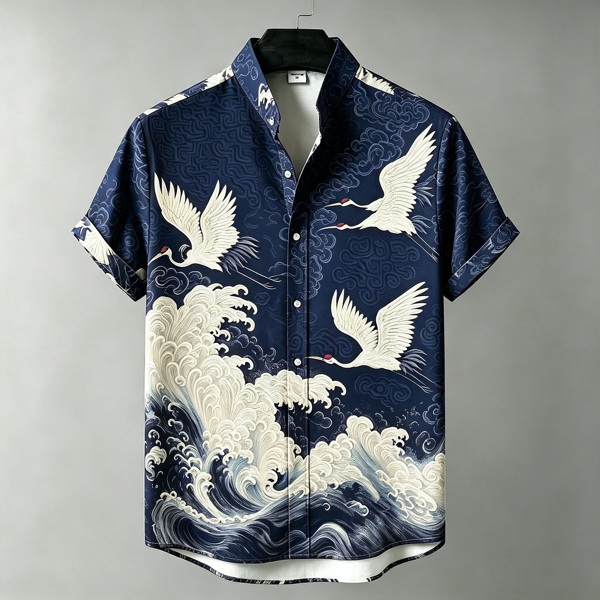 Men's Retro Bohemian Japanese Art Crane And Wave Print Linen Short-sleeve Shirt