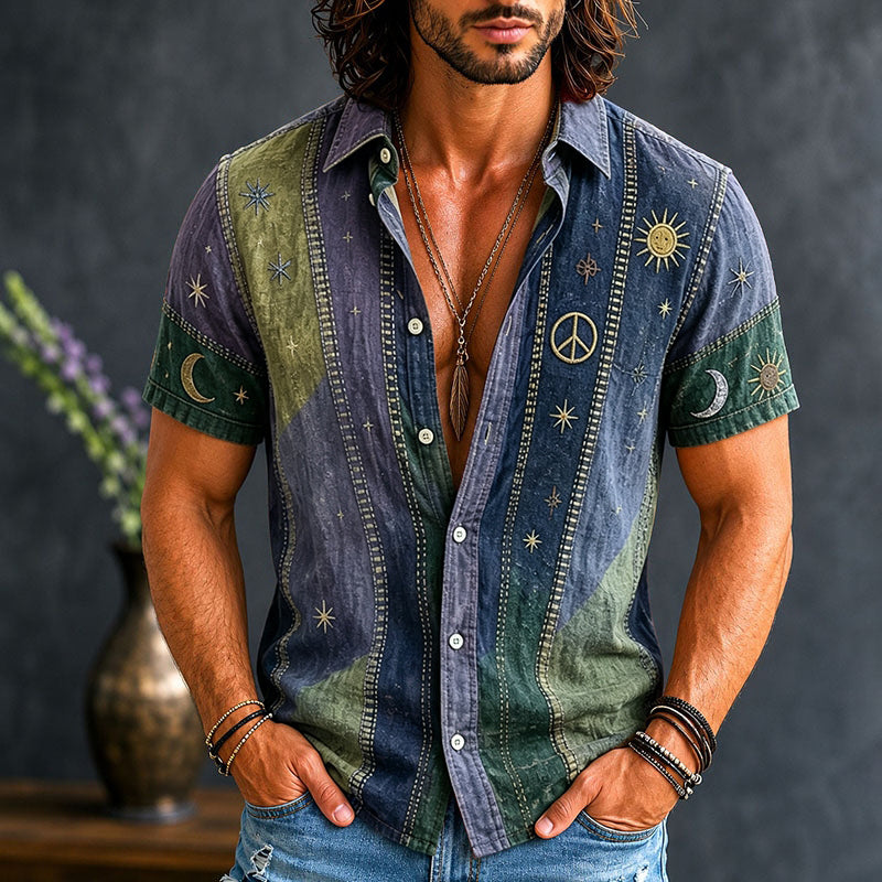 Men's Vintage Patchwork Peace Sign Sun Moon Star Art Print Linen Shirt