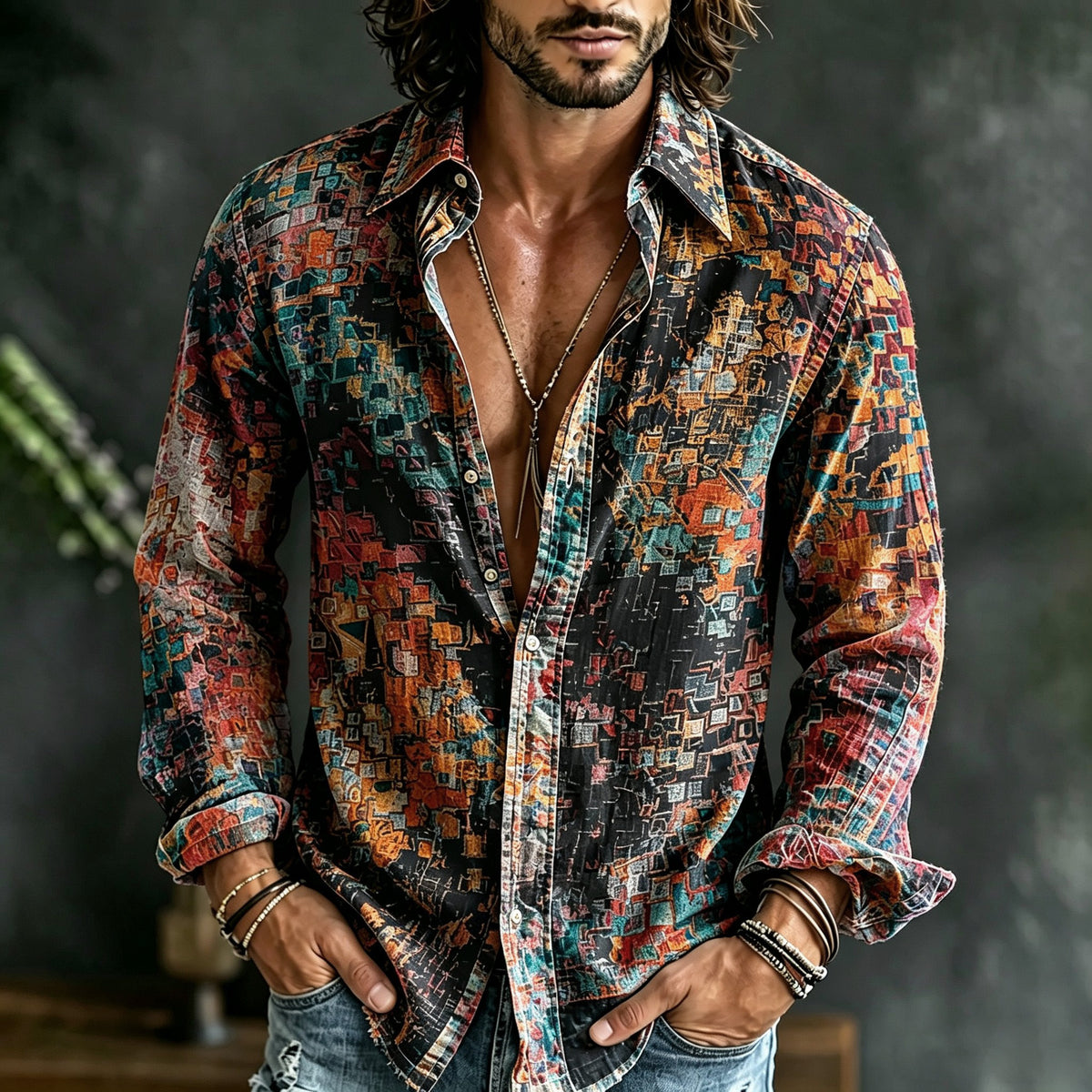 Men's Retro Oil Painting Style Lattice Gradient Art Print Linen Blend Long-sleeve Shirt